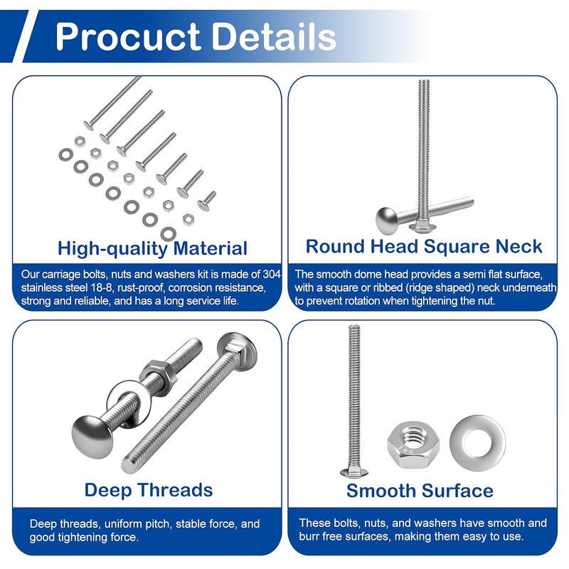 MroMax 1/4-20 x 3 Carriage Bolt Kit, 14 Sets Carriage Screws with Hex Nuts and Flat Washers, Stainless Steel 18-8(304) Round Head Square Neck Screw, Fully Threaded, Coarse - Image 4